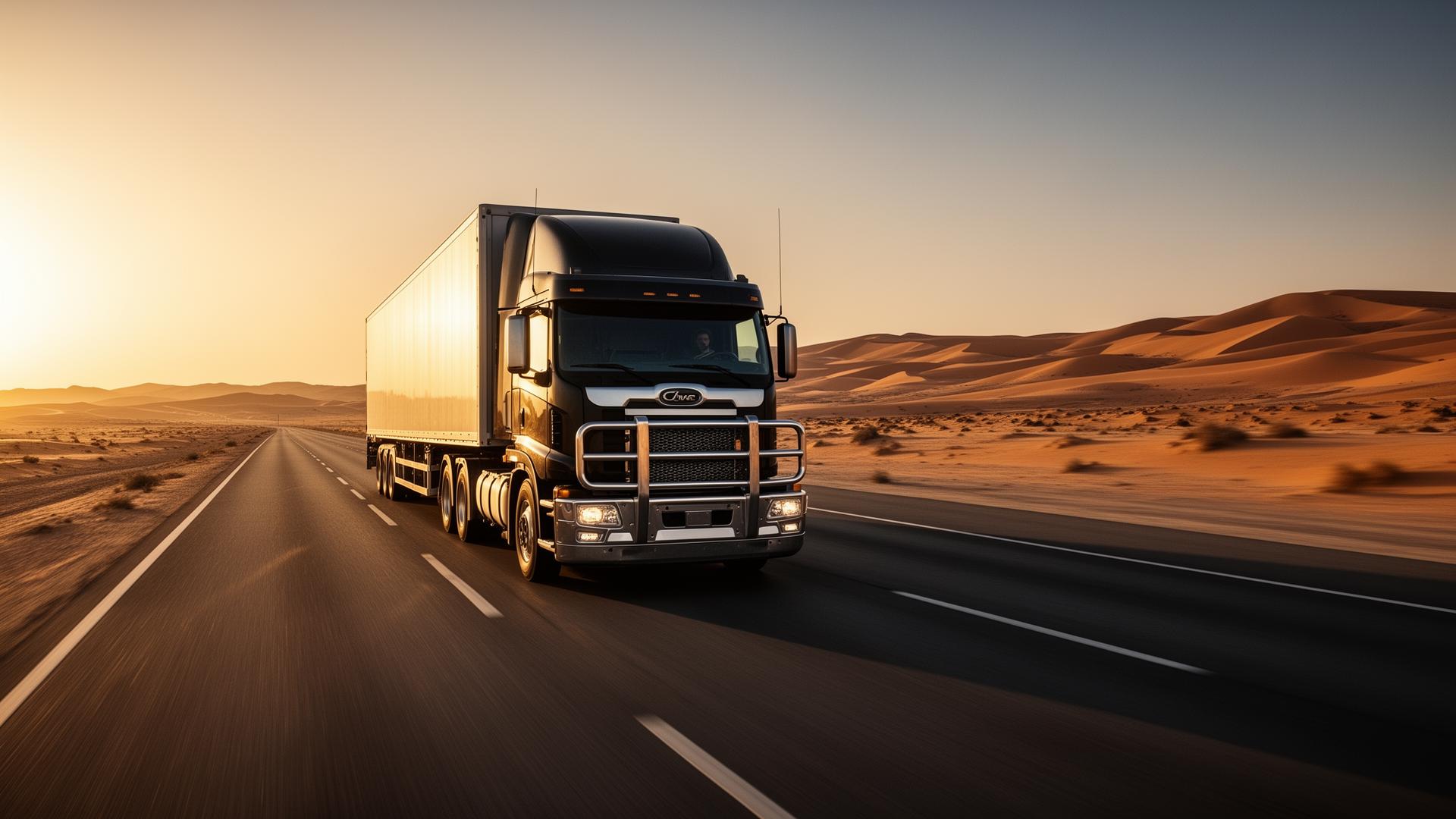 Heavy-duty commercial truck fleet on a UAE industrial highway